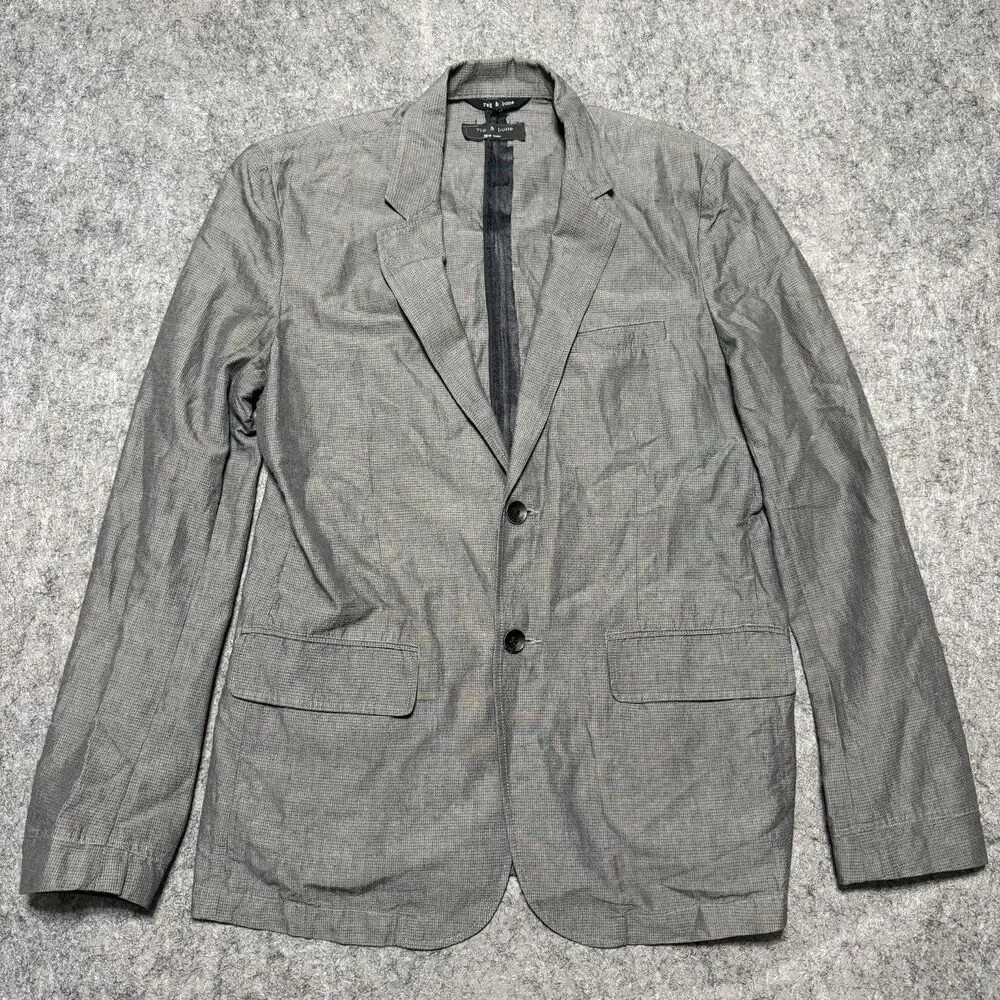 Rag & Bone Men 42R Gray Micro Check Cotton Linen Blazer Sport Coat Jacket